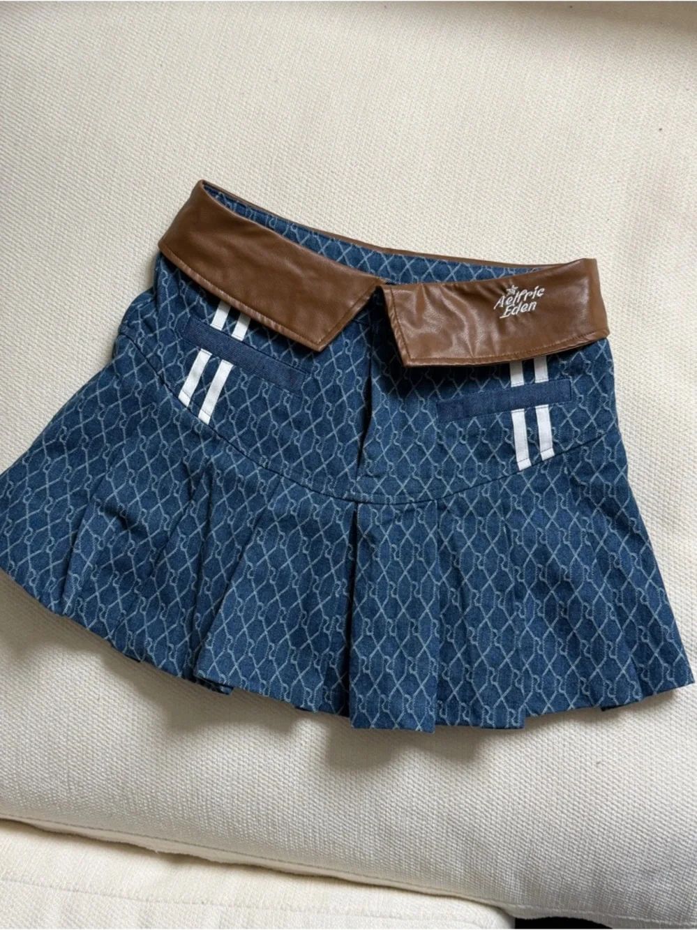 Aelfric Eden Navy Patterned Pleated Skirt with Brown Faux-Leather Waistband - Picture 3 of 7